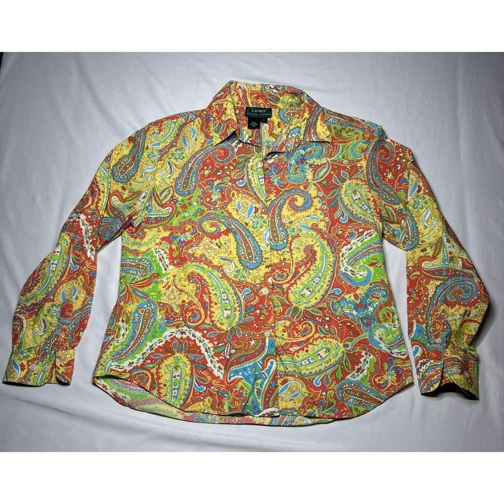 Lauren Ralph Lauren Womens Large Paisley Cotton Button Down Shirt Multi Color L